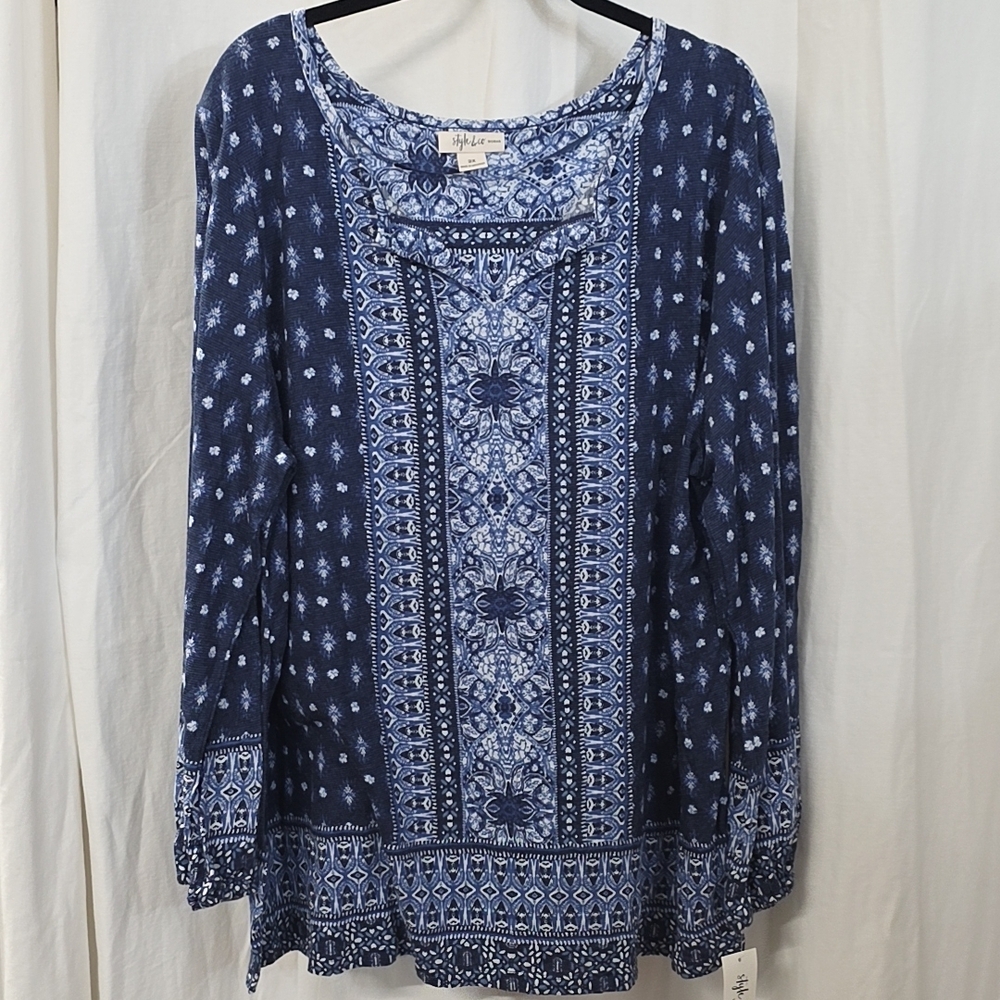 Style & Co 2X Long Sleeve Blue Navy Whitw Boho Floral Tile Medallion Tunic Top
